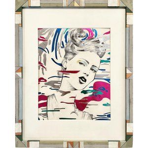 ORIGINAL FRAMED ART Metallic & Ink Graphic Illustration Drawing of Fashion Model